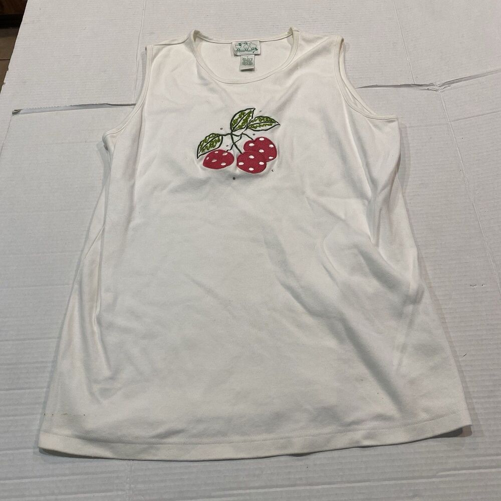 The Quacker Factory Womens Cotton Strawberry Embroidered Sleeveless Tank Size L